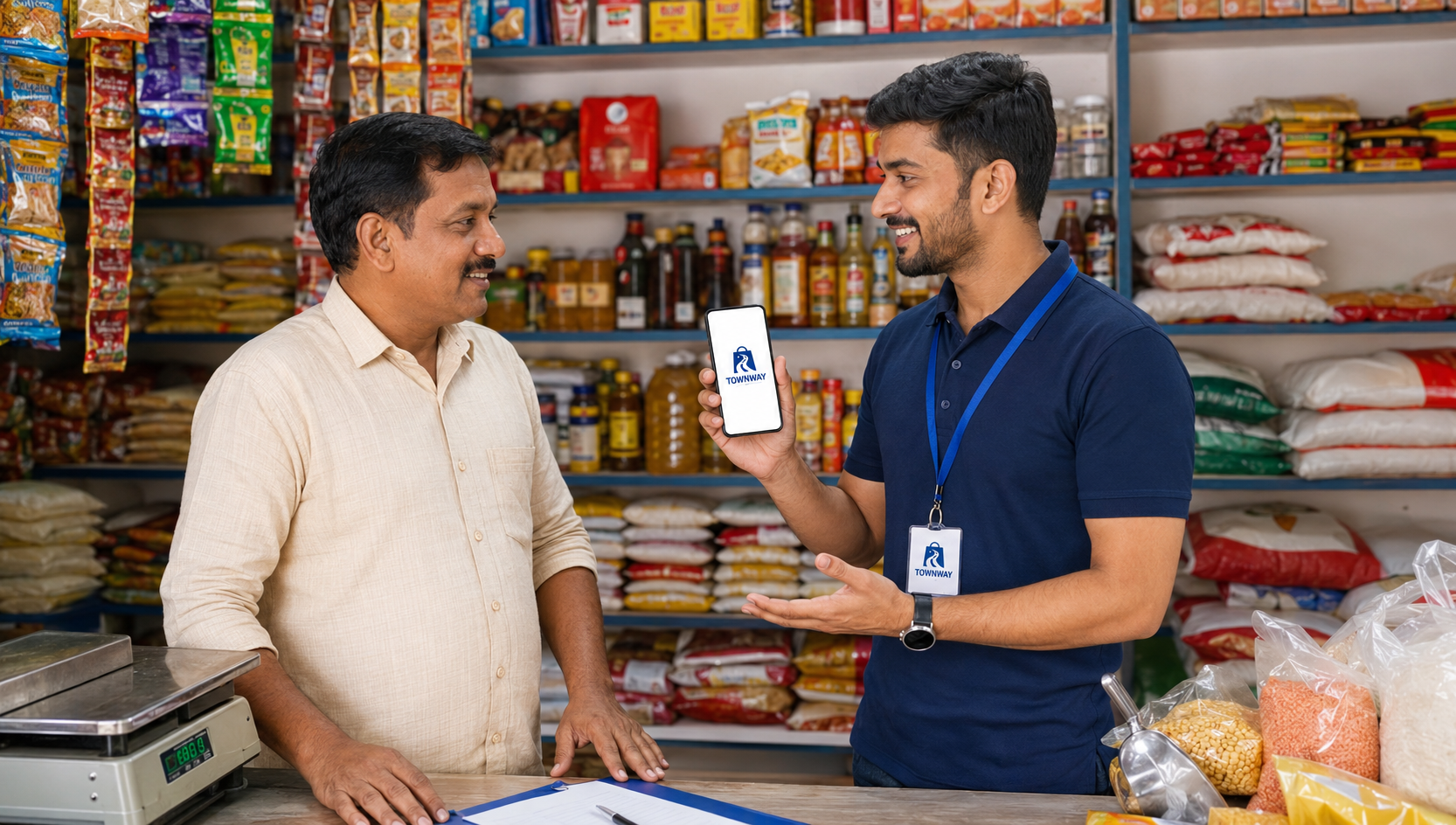 Indian retail store owner using Townway marketplace app on mobile device